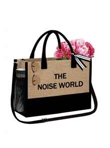 Women's Summer "The House World" Beach Handbag With Shoulder Strap, Side Pocket Design, Paired With Makeup Bag, Suitable For Beach, Seaside, Travel, Wedding, Birthday And Vacation. Large Capacity Shoulder Bags, Shopping Bags, Weekend Bags - Khaki - View 14