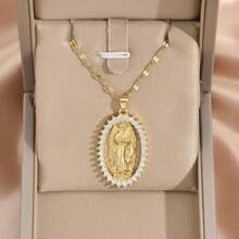 1pc Stainless Steel Gold-Plated Cubic Zirconia Oval Mary Design Necklace, Unisex, Retro Casual Minimalist Fashionable Streetwear Essential, Suitable For Couples Daily, Commute, Holiday Party Wear - Gold - View 4