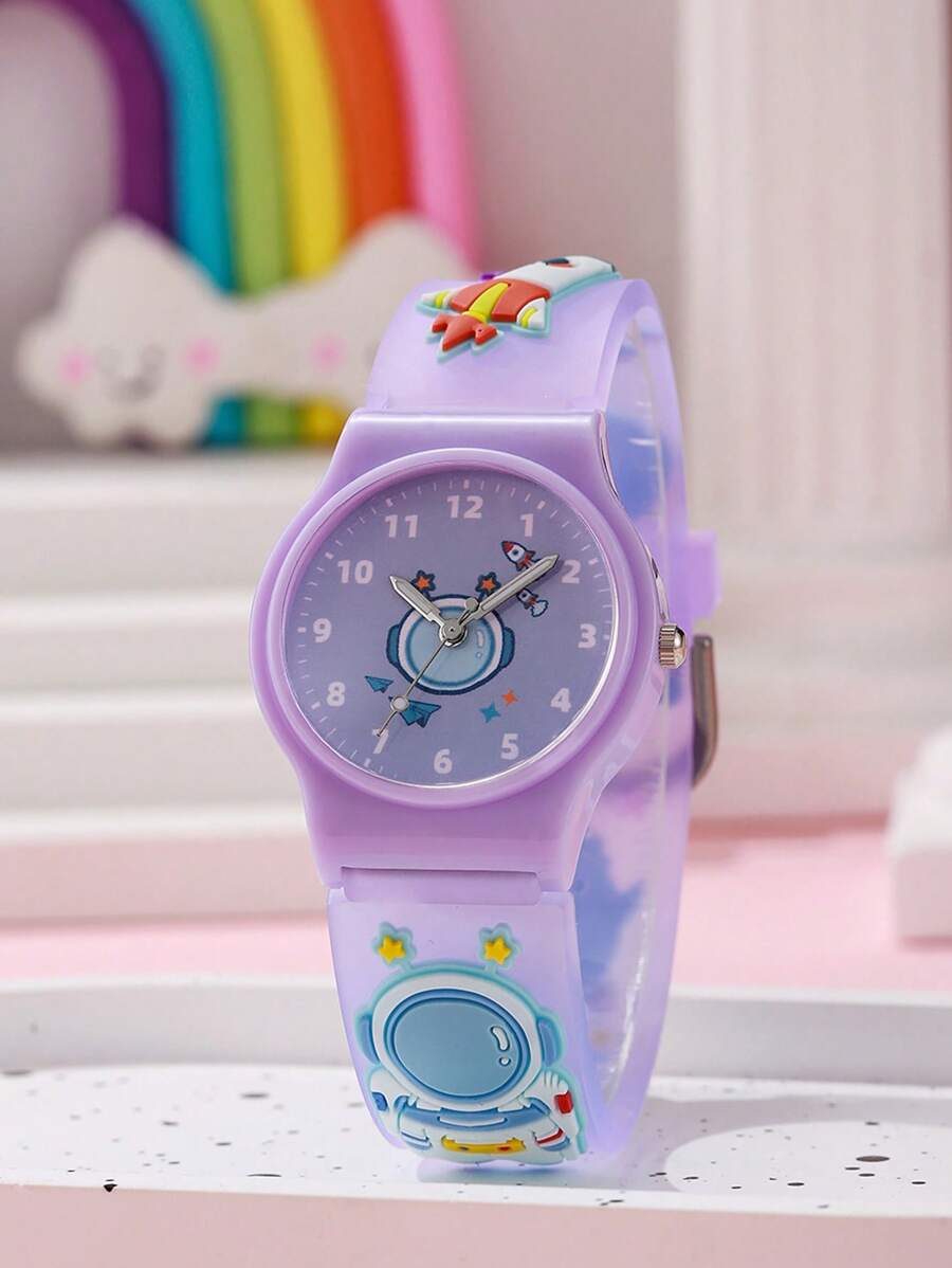 1pc/Set Astronaut Pattern Macaron Color Series Children's Watch, Colorful Plastic Strap, Boys Girls Student Watch Suitable For Birthday Gift, Halloween Gift, Singles Day - Purple - View 1