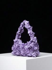 3D Rose Flower Shoulder Bag, Tote Bag For Ladies, Elegant Bag For Women, Clutch Bag, Wedding Items, Women's Party Dress, Birthday Bag, Bridal Bag (Pattern Random) - Purple - View 3