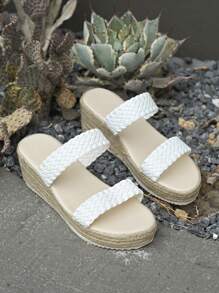 Women's Thick Sole Woven Hemp Rope Summer Beach Vacation Casual Fashion Slip-On Wedge Sandals
