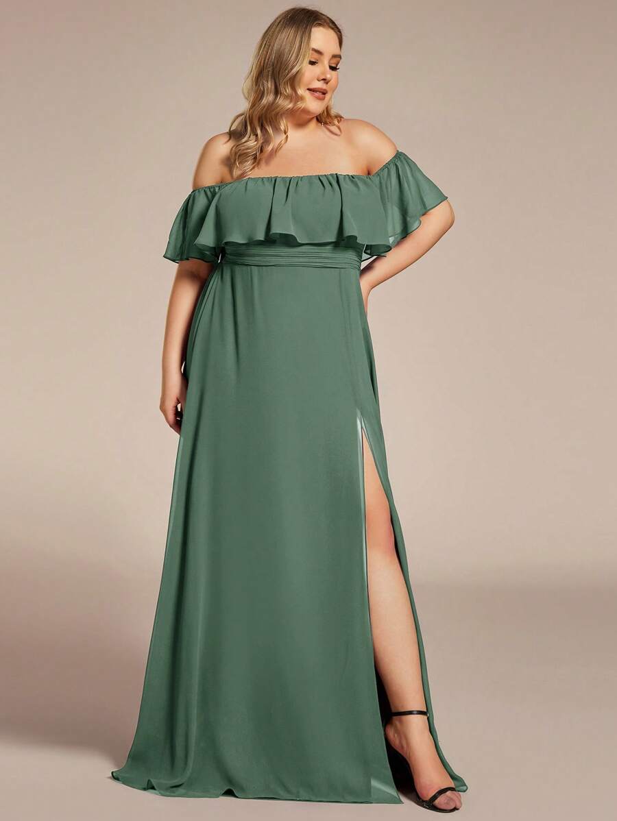 EVERPRETTY Plus Size Women's Solid Color Ruffle Off Shoulder Elegant Bridesmaid Dress - Army Green - View 1