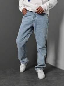 Pantalones vaqueros rectos sueltos para hombre, de unicolor, con estilo casual minimalista retro de calle, con vibra juvenil deportiva universitaria. Los detalles incluyen botones, bolsillos y cremallera. Adecuados para uso diario, para ir al trabajo, actividades al aire libre y reuniones.