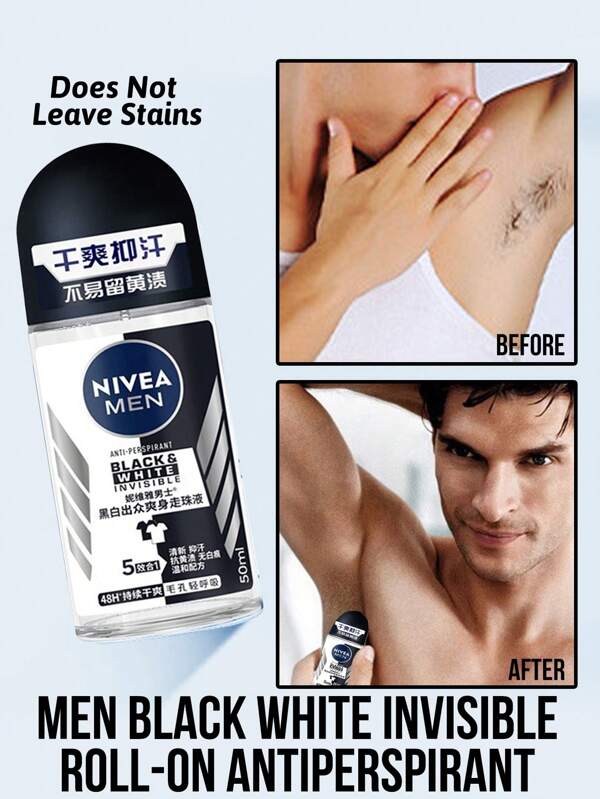 NIVEA Desodorante antitranspirante roll-on invisible negro y blanco para hombres, con fragancia cautivadora, fórmula invisible que no deja manchas, de larga duración para un efecto refrescante y protección contra el olor, apto para diversas ocasiones