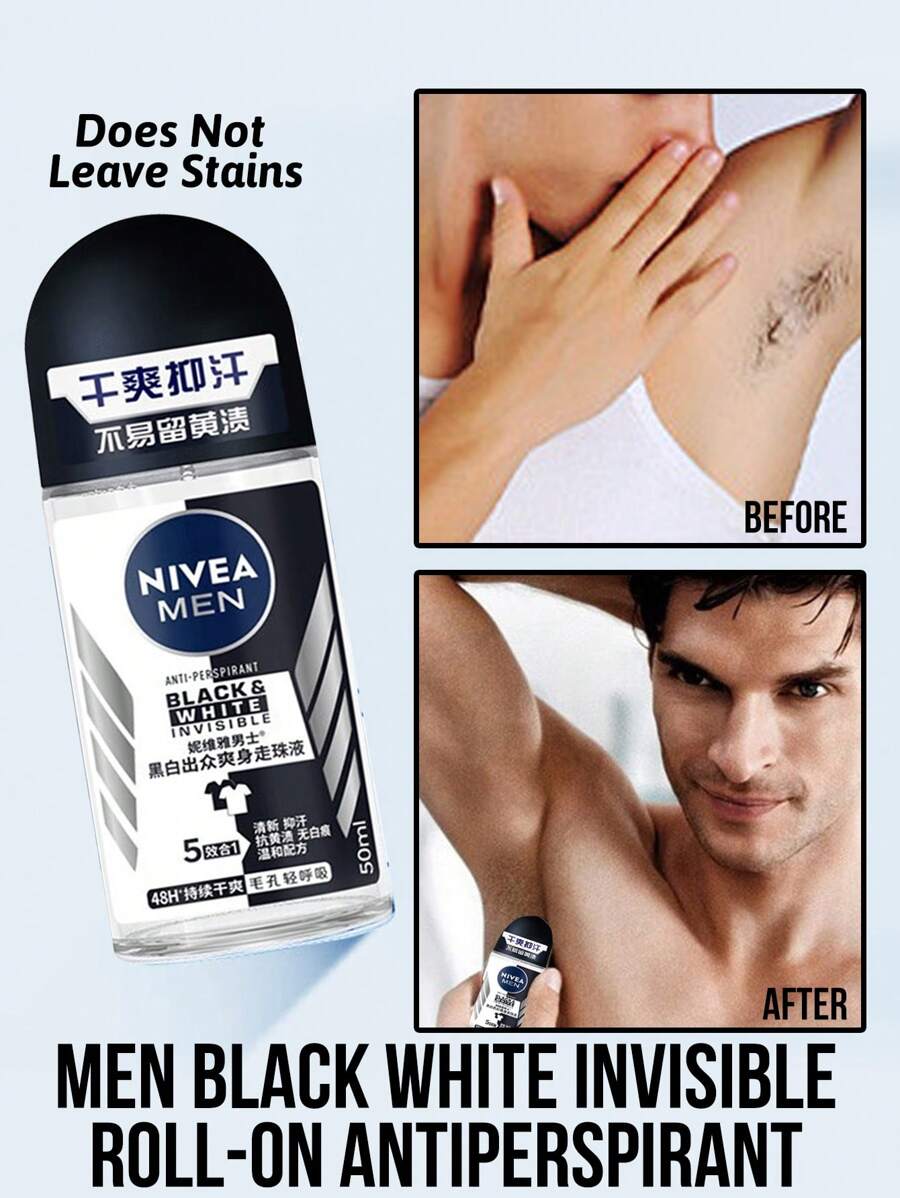 Men Black White Invisible Roll-On Antiperspirant Deodorant, Charming Fragrance, Invisible Formula, Does Not Leave Stains, Long-Lasting For Refreshing & Odor Protection, Suitable For Various Occasions - Black and White Invisible - View 1