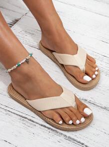 Women's Fashion Cream-White Woven-Look Summer Flats, Casual Beach Sandals With Straw-Like Sole - Beige - View 2