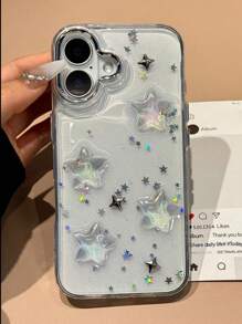 韩版亮片滴胶亚克力星星透明电镀镜头手机保护壳适用于 17 16 15 14 13 12 11 Pro Max 时尚后盖 - 無色 - 查看 4