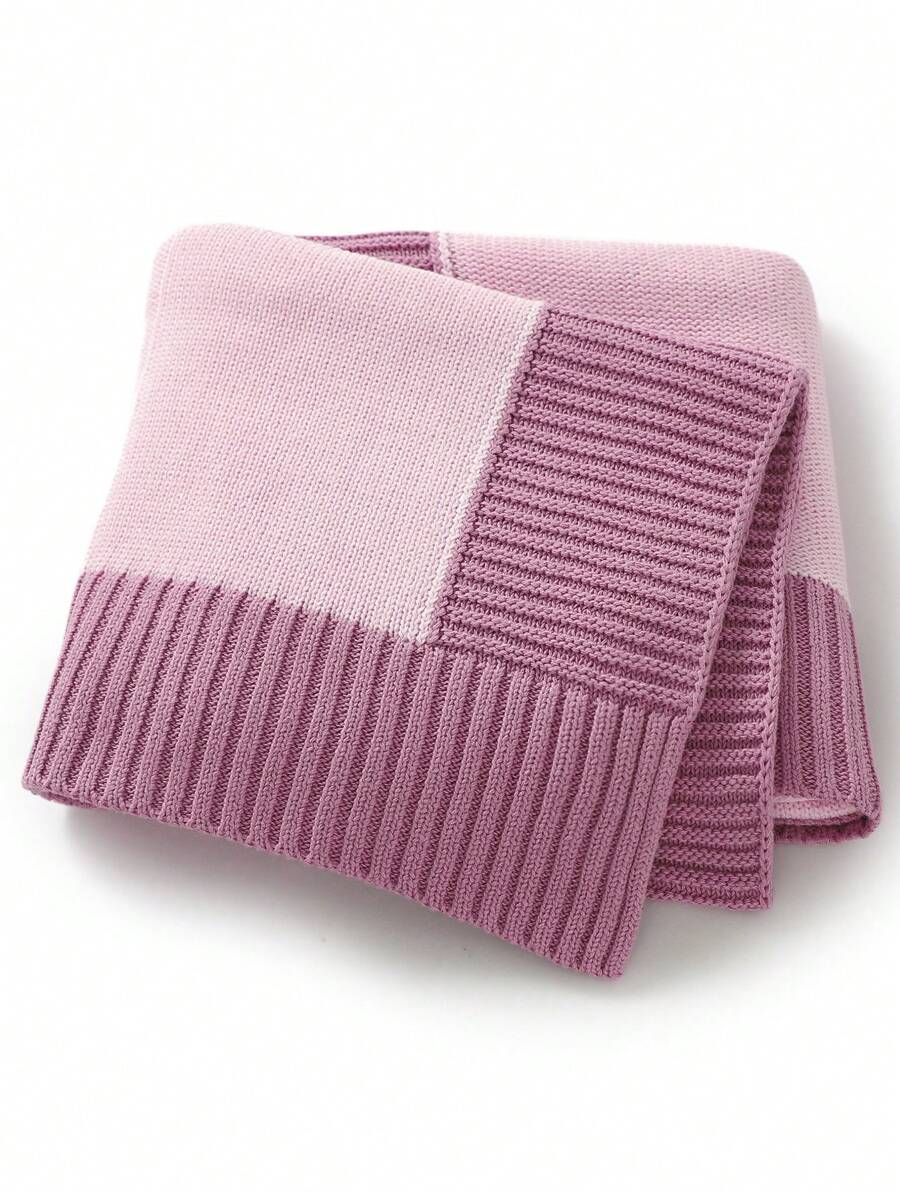 1pc Baby Knitted Patchwork Blanket, Infant Swaddle Wrap, Toddler Thick Quilt - Baby Pink - View 1