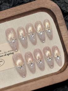 10 Pcs Luxury Handmade Press On Nails Super Long Almond False Nails Full Drilling Design False Nails With 3 Pieces Tool Adhesive Nail Glue Tabs Suitable For Ladies And Girls To Attend Holiday Parties.When This Product Is Waving Your Fingertips, There May Be Flashes Falling. Please Be Careful.Wish You Happy Every Day.Makes Me More Motivated.Five-Star. Nail Supplies Nails
