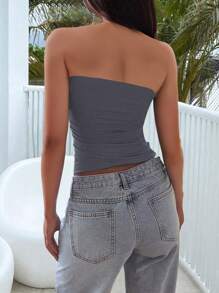 Women's Summer Sexy Strapless Basis Vest Double Layered Thickened Opaque Fashion Solid Elastic Slim Fit Tube Top For Women Four Seasons Wear - 藍灰色 - 查看 6