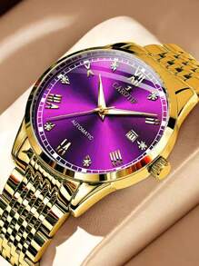Carotif 自动手表，金色不锈钢表带，紫色表盘，罗马数字 - 紫色 - 查看 1