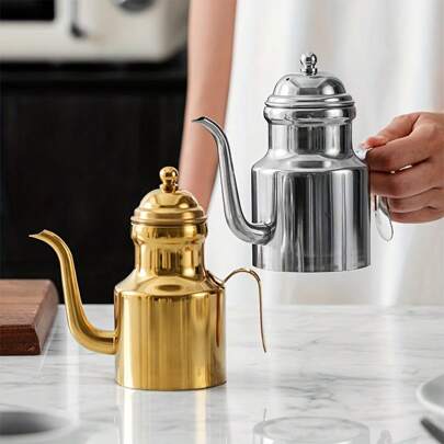 1pc 304 Stainless Steel Oilcan Teapot Coffeepot Thick Seasoning Storage Pot Vinegar Dispenser Liquid Seasoning Pot Suitable For Cooking Kitchen, Multi-Purpose Pot Sauce Seasoning Bottle With High Lid Oil Pot Household Kitchen Seasoning Storage Pot Kitchen Small Utensils