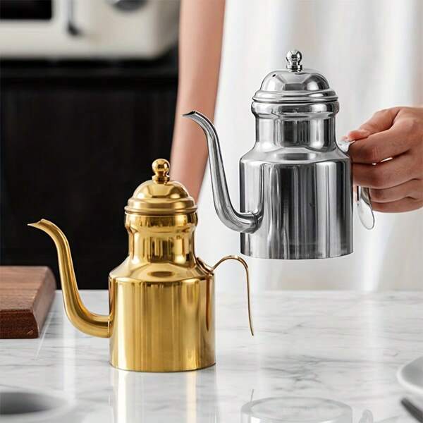 1 pieza Aceitera/tetera de acero inoxidable 304, olla para condimentar gruesa, dispensador de vinagre, olla para líquidos condimentados, apta para cocinar en la cocina, olla multiusos para salsa y condimentos con tapa alta, utensilios de cocina pequeños para el hogar