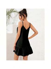 V-Neck Strap Short Dress Ruffle Delicate Cute Daily Summer Casual Fashion Women Boho - màu đen - Xem 2