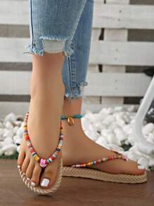 Teens Colorful Rope Woven Round Toe Flat Sandals, Non-Slip Beach Slippers, Fashionable Resort Style