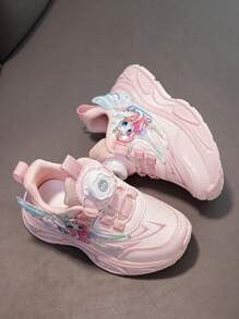 Girls Pink Unicorn Cartoon Sports Shoes With Rotating Button - Cushioned, Anti-Slip Thick Sole Casual Running Shoes, Suitable For Teens - Breathable Material, Suitable For All Seasons, Girls Shoes
