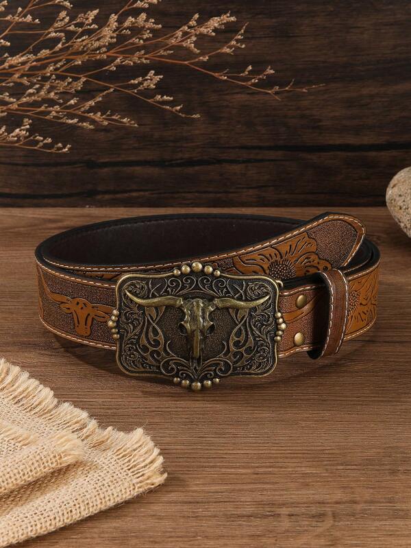 1pc Unisex Retro Western Cowboy Animal Buckle Embossed PU Leather Belt, Fashionable All-Match Suitable For Jeans, Skirts And Year-Round Wear