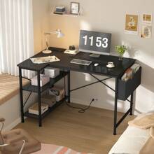 EnHomee 40 Inch Small L Shaped Desk With Storage Shelves, Power Outlets & Side Bag, Reversible X-Shaped Support For Home Office Bedroom Decor - 黑色 - 查看 8