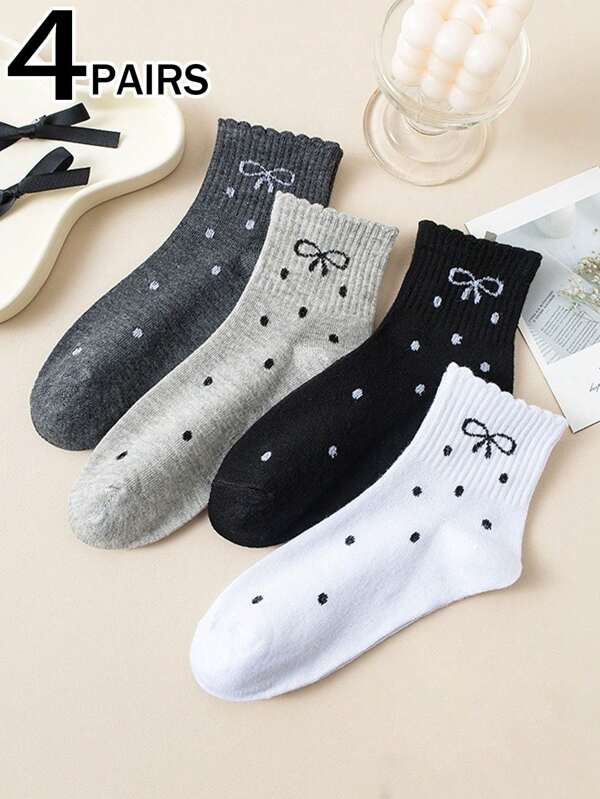 4 Pairs Women's Colorful Bow Polka Dot Sweet Casual Comfortable Mid-Calf Socks, Spring