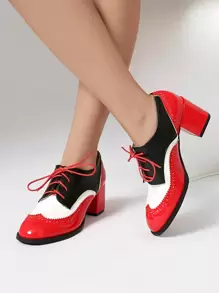 Women's Retro Floral Lace Patchwork Oxfords, Thick Heel Lace-Up Contrast Color High Heels