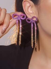 迷人薰衣草蝴蝶结 CZ 水晶流苏耳环耳钉婚礼派对毕业珠宝 1 对 - 彩色 - 查看 3