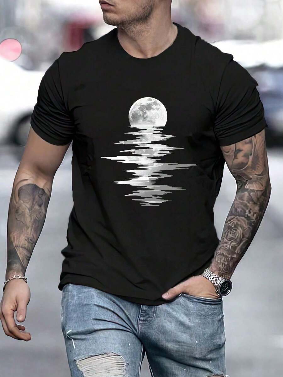 Men Moon Print Round Neck Short Sleeves Tee For Summer - Black - View 1