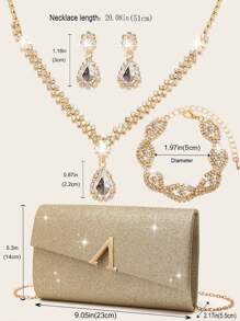 Conjunto de joyas de mujer con rhinestones: Collar, pendientes, pulsera brillantes. Juego de bolsos y carteras elegantes: Cartera con clip metálico, sobre elegante, bolso de banquete, bolso bola, bolso cadena metálica, bolso de fiesta de boda. Vestidos de novia y de fiesta para mujer.