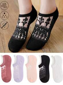5 pares de calcetines invisibles de encaje, estilo casual, con agarre antideslizante de silicona para mujer, calcetines tipo náutico con forro de nailon bajo para usar con bailarinas y tenis