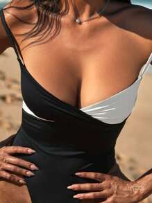 Black & White Contrast Color Cross Strap Front One-Piece Swimsuit For Women - Black and White - View 1
