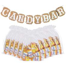 50pcs White Organza Drawstring Bags And CANDY BAR Craft Paper Tag Banners, Retro Wedding Party Decoration Ribbon Flag Venue Layout, European Wedding Supplies Candy Bags
