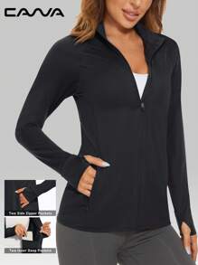Cavva 女士 UPF 50+ 轻便夹克 防晒速干 弹力长袖开衫 纹理面料 修身剪裁 插肩袖 隐形拉链口袋 拇指孔袖口 夹克 户外徒步跑步瑜伽 - 黑色 - 查看 2
