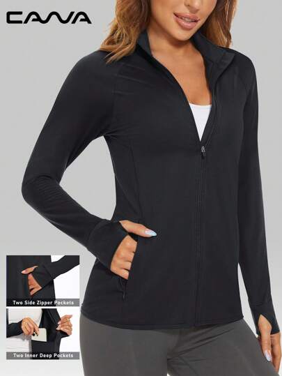 Cavva Women's UPF 50+ Lightweight Jackets Sun Protection Quick-Dry Stretchy Long Sleeve Cardigan Textured Fabric Slim Fit Raglan Sleeve Hidden Zipper Pockets Thumbhole Cuffs Jackets Outdoor Hiking Running Yoga