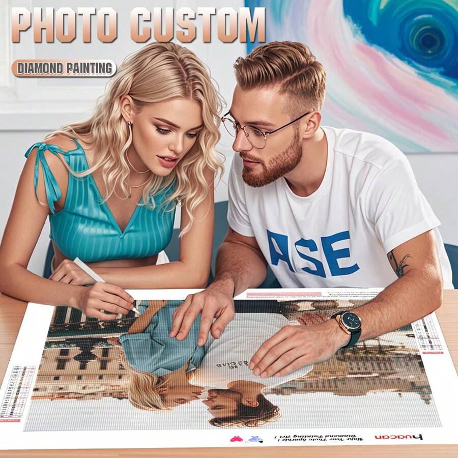 HuaCan 照片定制 5D 钻石画个性化钻石马赛克全方形圆形水钻装饰时尚节日礼物适合送给男朋友女朋友周年纪念日适合婚礼适合家居墙壁装饰 - 彩色 - 查看 1