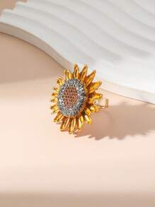 1 件时尚奢华方晶锆石装饰 3D 向日葵开口戒指 - 金黃色 - 查看 3
