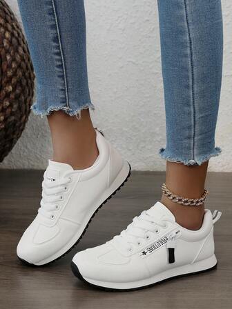 1 双女式拼色休闲户外系带圆头防水皮革运动鞋，春/秋