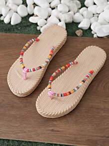 Teens Colorful Rope Woven Round Toe Flat Sandals, Non-Slip Beach Slippers, Fashionable Resort Style