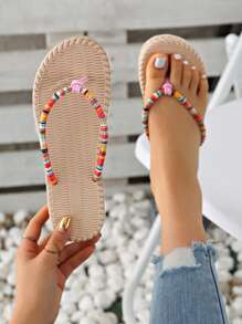 Teens Colorful Rope Woven Round Toe Flat Sandals, Non-Slip Beach Slippers, Fashionable Resort Style