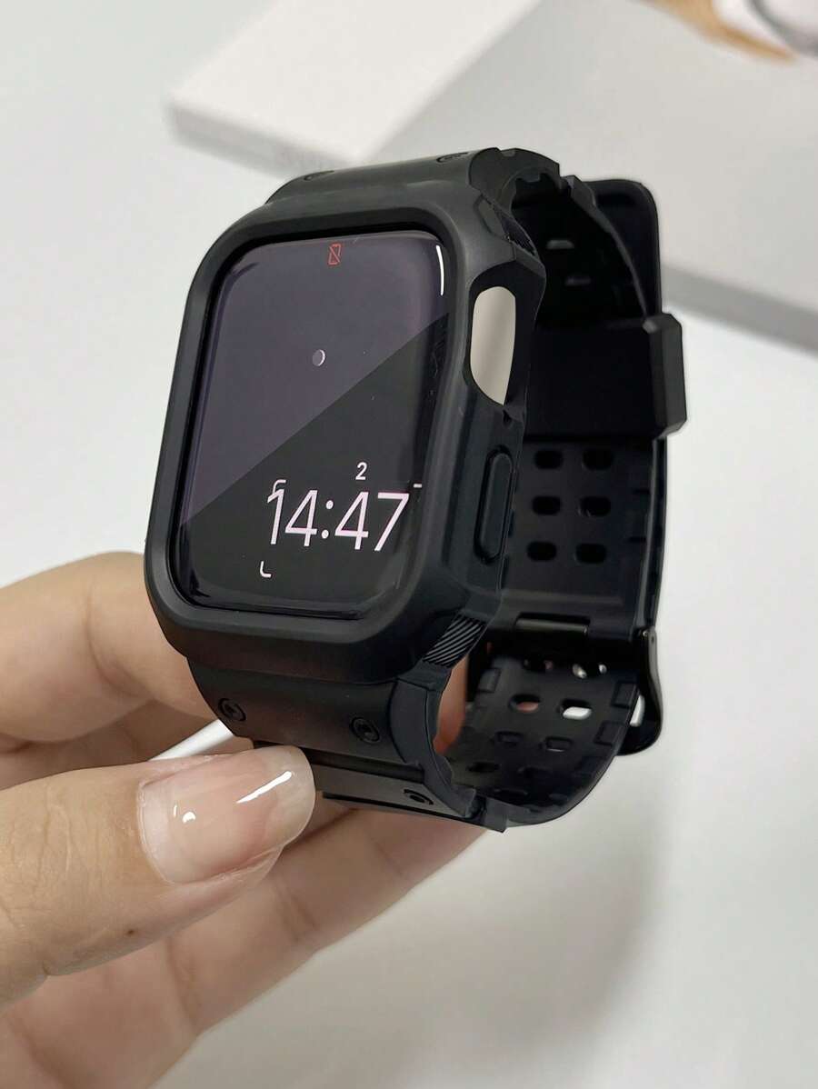 1入組保護框套，適用於Apple Watch 錶帶45mm、44mm、42mm、41mm、40mm和38mm男女規格，為Apple Watch 系列9 8 7 6 5 4 3 2 1 SE提供運動型堅固保護套和錶帶 - 黑色 - 查看 1