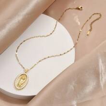 1pc Stainless Steel Gold-Plated Cubic Zirconia Oval Mary Design Necklace, Unisex, Retro Casual Minimalist Fashionable Streetwear Essential, Suitable For Couples Daily, Commute, Holiday Party Wear - Gold - View 3