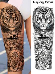 1 Sheet Full Arm Black Rose Flower Tiger Forest Temporary Tattoos Sleeve For Women Adults Legs Thigh Shoulder, Realistic Waterproof Long Lasting Fake Sleeve Tattoos For Men Sticke