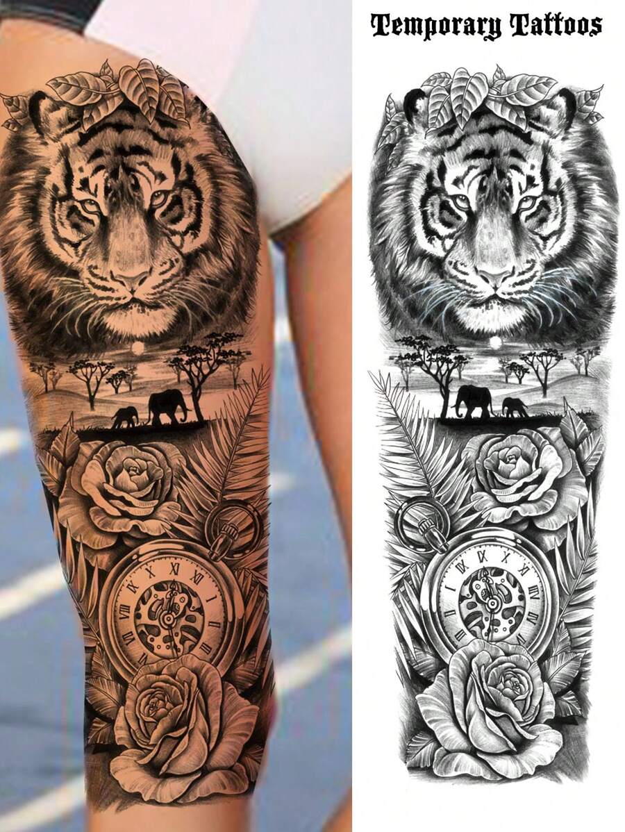 1 Sheet Full Arm Black Rose Flower Tiger Forest Temporary Tattoos Sleeve For Women Adults Legs Thigh Shoulder, Realistic Waterproof Long Lasting Fake Sleeve Tattoos For Men Sticke