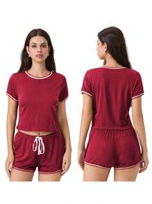 Women's 2 Pieces Sports Set, Short Sleeve Round Neck Top + High Waist Short Pants - 紅色 - 查看 4