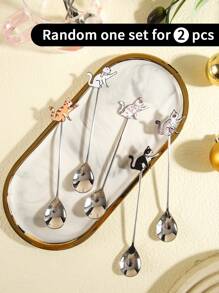 2pcs Random Color Cute Cat-Shaped Coffee Spoon And Dessert Spoon Set School Supplies Back To School