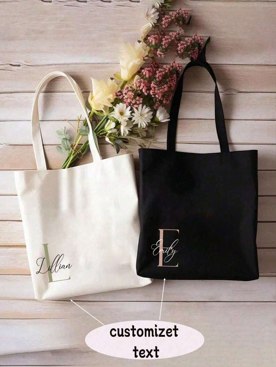1pc Customized Canvas Tote Bag, Personalized Handbag With Initials Or Name, Foldable, Large Capacity, Lightweight, Fashion Versatile, Women's Backpack/College Bag, Ideal Gift For Women, Career Starters, Office Ladies, Girlfriends, Pink Girls, Suitable For Graduation, Wedding And Other Occasions - Multicolor - View 1