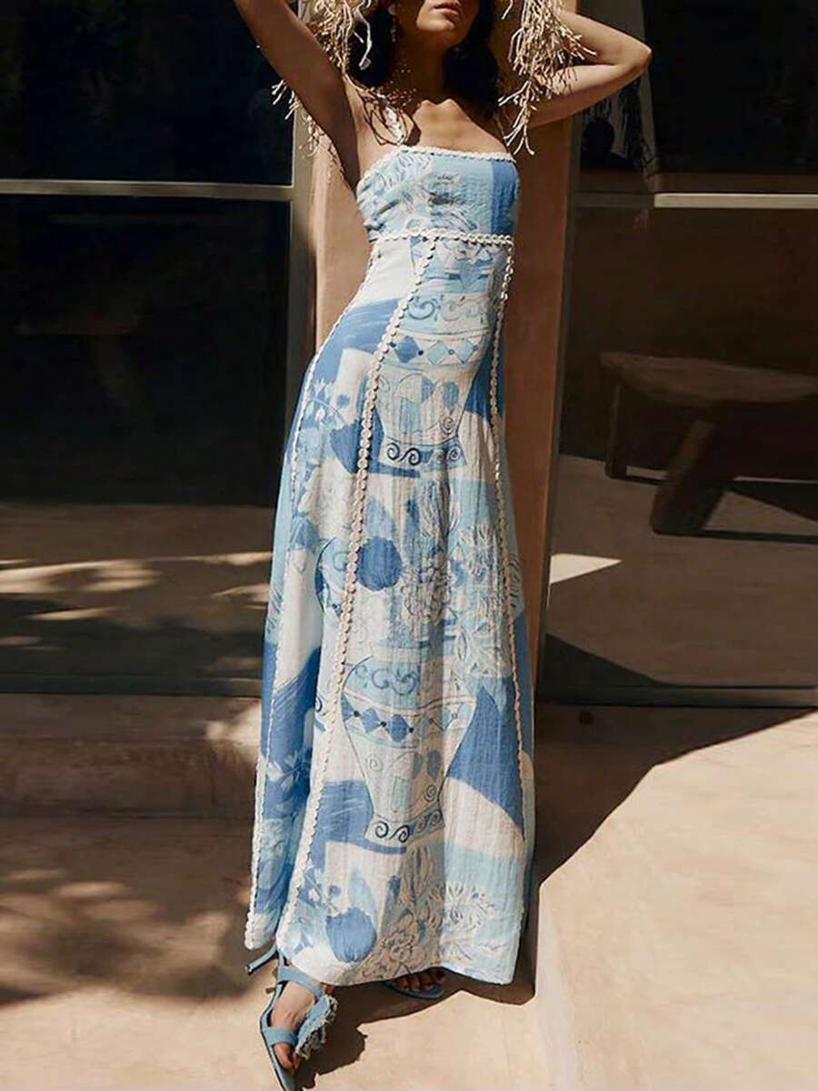 Summer Maxi Dresses For Women SleevelessBeach Dress Casual Vintage Floral Print Tie Back A-Line Flawy Dress Vacation Beach Streetwear Outfit - 藍色 - 查看 1