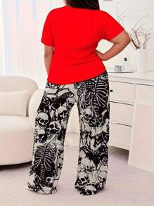 2-delige plus-size nachtkledingset met gotische schedelprint voor dames - zachte top met korte mouwen van polyestermix en comfortabele broek, geschikt voor lente, zomer en vakantie
