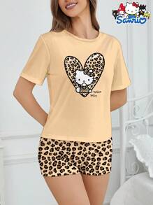 Sanrio 2 pezzi Set da pigiama da donna Hello Kitty Sanrio - Top a maniche corte e pantaloncini a stampa leopardata