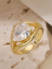 1pc elegante luxuoso 18K banhado a ouro cobre zircônio anel aberto geométrico, adequado para uso diário
