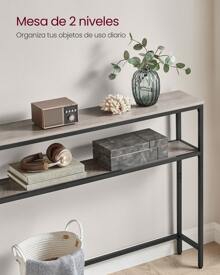 VASAGLE Mesa de Consola, Mesa Auxiliar Estrecha, 20 x 100 x 80 cm, Mesa de Entrada Moderna con 2 Estantes, para Sala de Estar, Dormitorio, Gris Carbón y Negro Tinta/Marrón Rústico y Negro Tinta/Greige Mélange y Negro Tinta/Blanco Mármol y Negro Tinta - Marfil - Ver 2