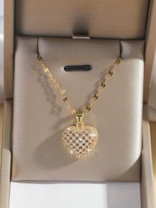 1 件铜方晶锆石心形吊坠项链，优雅奢华的欧式风格，适合送给朋友和家人的礼物 - 彩色 - 查看 2